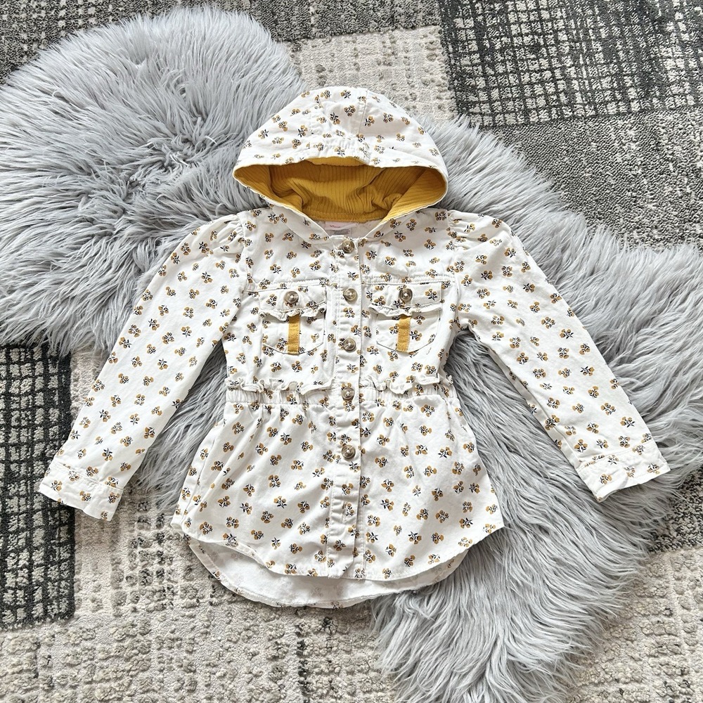 Little Lass Girls Cream And mustard Yellow Floral Hooded Jacket Size 6
